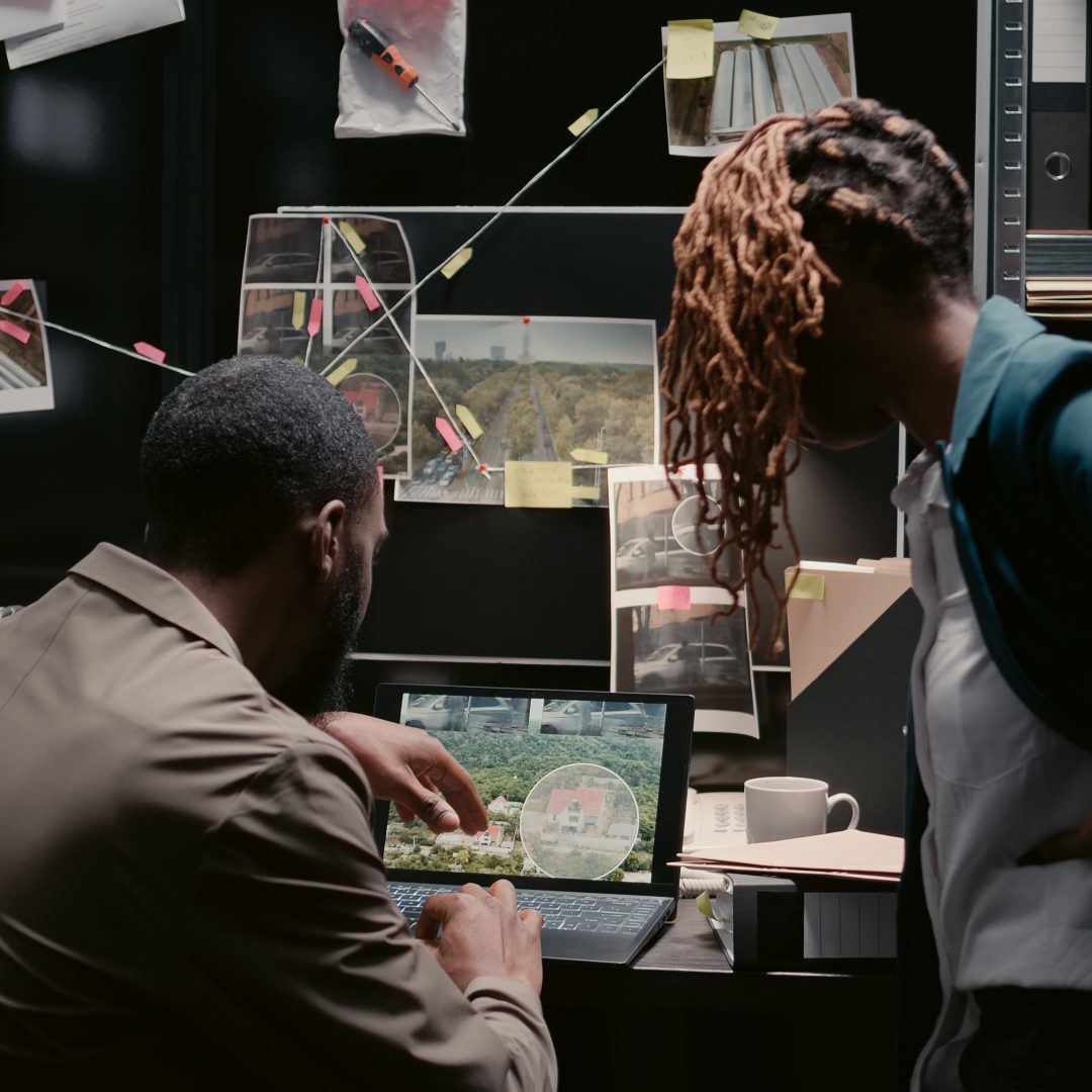 African american officers examining criminal records in incident room, planning private investigation in police archive. Man and woman investors analyzing case files, reading statements.